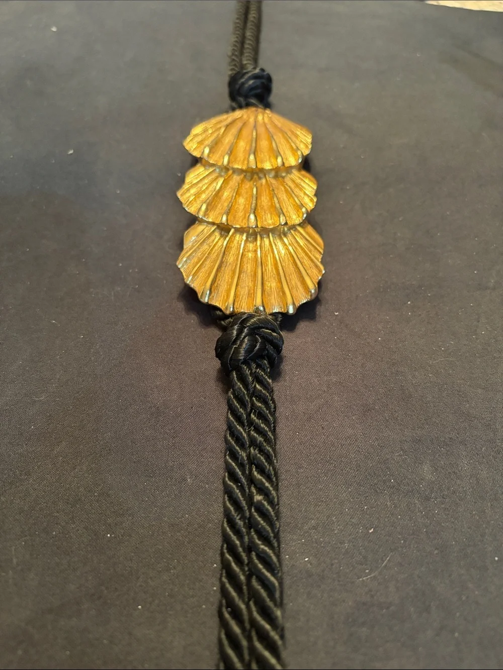 Gold Shell Belt with Black twisted velvet Cord shells 5”x2 1/2” total length 48”